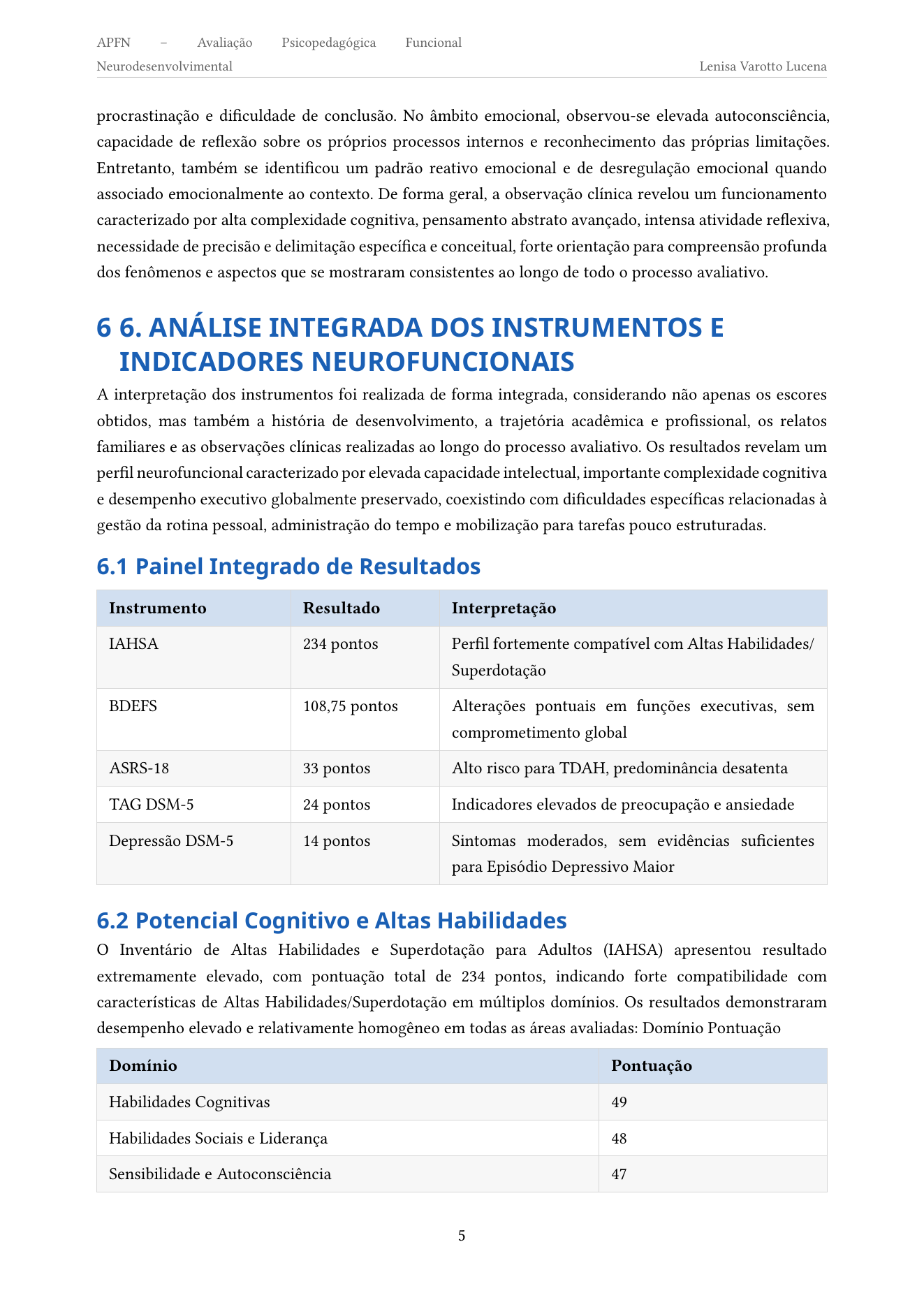 Página do relatório APFN com análise integrada dos instrumentos e painel de resultados, com dados pessoais suprimidos.